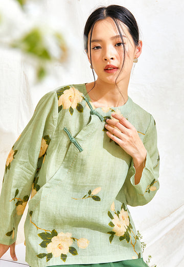 Diagonal Print Ramie Cheongsam Top